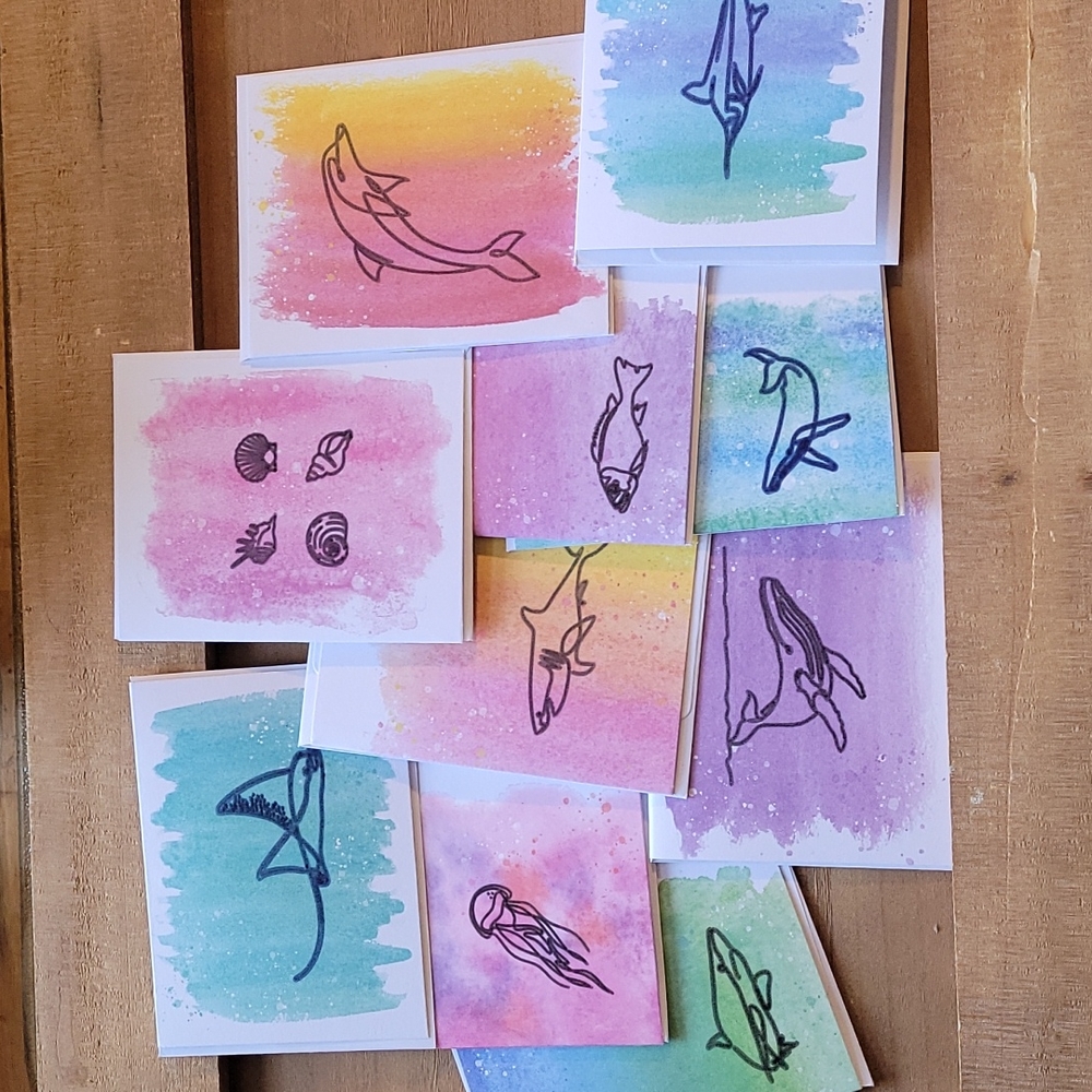 Set of 10 Ocean-Themed Watercolor Blank Cards!